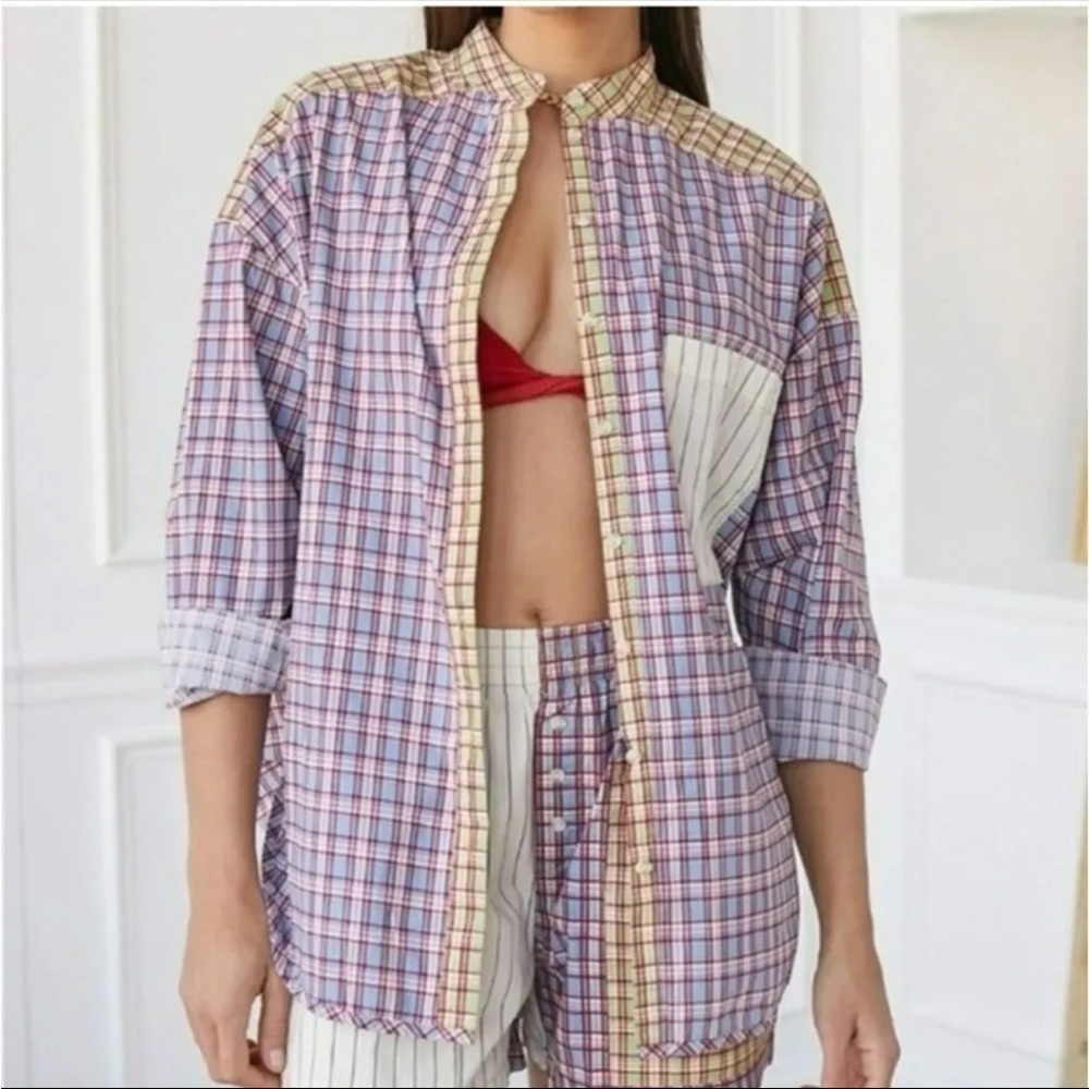 UO Out From Under Button Down Shirt Womens sz Small Blue Bailey Plaid Oversized
